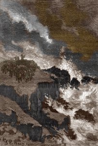 Gallische religie en druïden: bijeenkomst van druïden op een klif om geesten te bevelen en demonen te verdrijven. Gravure uit "Les mysteres de science" door Louis Figuier, Privécollectie door Victor Armand Poirson
