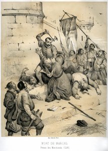 Moord op Etienne Marcel, rijke draper en Prevot des merchants (1316-1358) door de schepen Jean Maillart, een van de leiders van de royalistische partij, in juli 1358. Gravure door Victor Adam (1801-1866) in het boek 