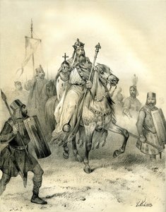 Keizer Karel de Grote, dragend de emblemen van macht, rijdt aan het hoofd van zijn troepen soldaten in harnas. Gravure door Victor Adam in het boek 