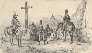 Soldaten verzameld voor een kerk met priesters en een crucifix door Victor Adam