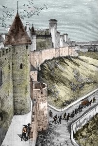 Verbod op preken en arrestatie van protestanten na de herroeping van het Edict van Nantes (dragonnades onder Lodewijk XIV (1681-1686): ballingen van protestanten die steden verlaten om naar de grenzen te gaan)