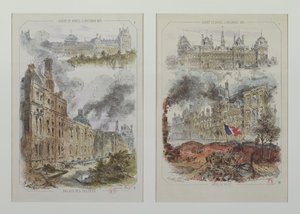 Gezichten op het Tuilerieënpaleis en het stadhuis voor en na de branden van 1871