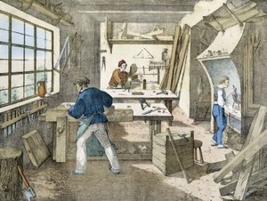 De timmerman, litho van Janson. 19e eeuw.