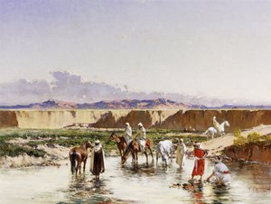 Arabische Ruiters die water drinken in een Oase