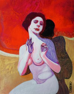 Peinzende vrouw in het rood door Victor Tkachenko