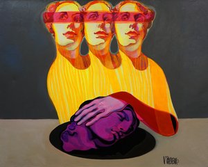 Surrealistische figuren met paarse hoofden door Victor Tkachenko