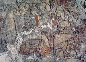 Detail van een dier dat een kar trekt, van een wandtapijt gevonden bij het Oseberg-schip door Viking