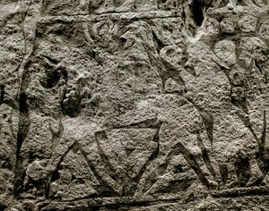 De doden rijden op het paard van Odin, detail van een Viking grafsteen, 7e-8e eeuw n.Chr.