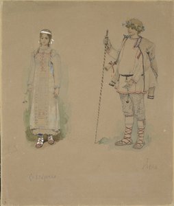 Sneeuwmeisje en Lel. Kostuumontwerp voor de opera Sneeuwmeisje door N. Rimsky-Korsakov, 1885