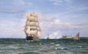 Deens barkschip voor kasteel Kronborg en Helsingør in de verte door Vilhelm Arnesen
