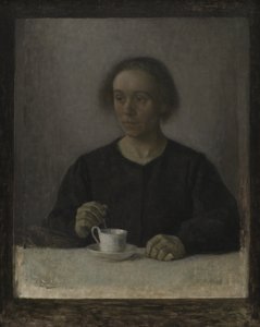 Ida Hammershøi, de vrouw van de kunstenaar, met een theekopje