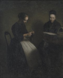 Avond in de salon, de moeder en vrouw van de kunstenaar door Vilhelm Hammershoi
