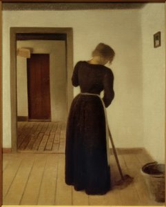 Interieur met een jonge vrouw aan het vegen
