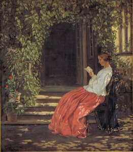 Lezende dame buiten een tuinpoort door Vilhelm Kyhn