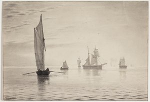 Schepen in kalm weer op zee door Vilhelm Kyhn