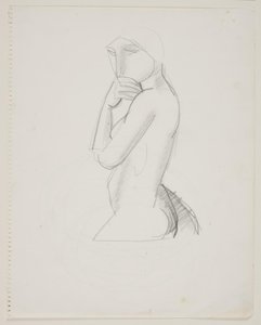 Vrouwelijk model, 3/4 figuur, met hand voor de mond