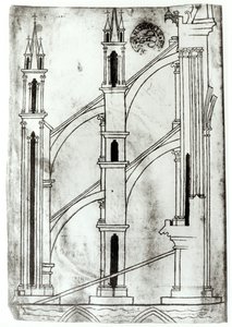 Ms Fr 19093 f.32v Sectie van de muur en boog van de absidiale kapellen van de Kathedraal van Reims (facsimile kopie) door Villard de Honnecourt