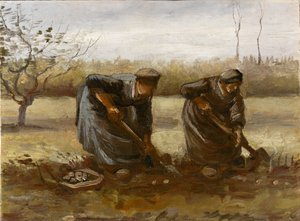 Twee boerinnen die aardappelen rooien, 1885 door Vincent van Gogh