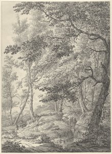 Boslandschap met een houten bruggetje en twee wandelaars door Vincent Jansz. van der Vinne