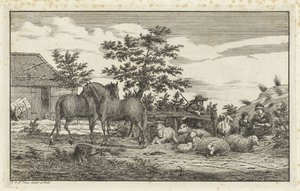 Herder bij zittende vrouw en kinderen bij schapen en twee paarden door Vincent Jansz. van der Vinne
