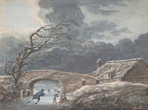Winterlandschap met Schaatsers op een Bevroren Kanaal