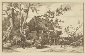 Zittende herder met vee voor een vervallen schuur door Vincent Jansz. van der Vinne