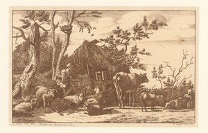 Zittende herder met vee voor een vervallen schuur
