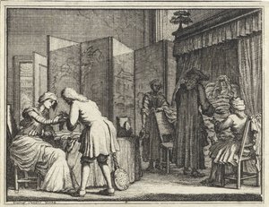 Figuren rond een ziekbed en een arts die een vrouw verbindt door Vincent Laurensz. van der Vinne (II)