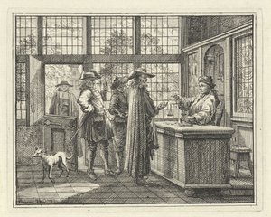 Interieur met goudweger en klanten door Vincent Laurensz. van der Vinne (II)