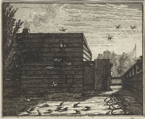 Man achter een schutting bij een vogelval door Vincent Laurensz. van der Vinne (II)