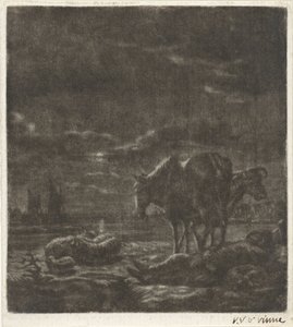 Nachtlandschap met slapende herder en vee