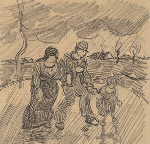 Paar met kind op een straat in de regen. 1890