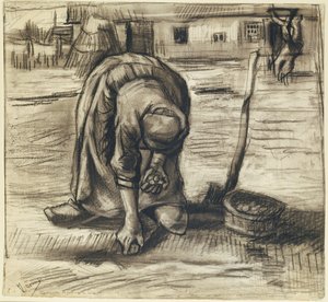 Boerin die aardappelen plant door Vincent van Gogh