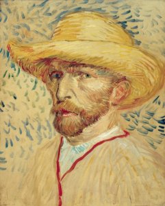 Zelfportret met strohoed en schildersjas door Vincent van Gogh