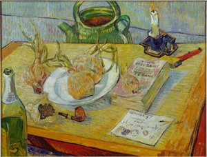 Stilleven met tekenbord, pijp, uien en lak