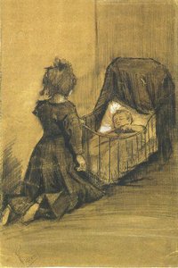 Meisje knielt bij een wieg F1024 JH336 door Vincent van Gogh