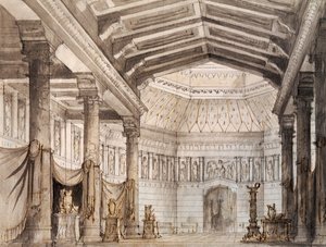 Decorontwerp voor tweede scène van Norma, opera door Vincenzo Bellini, uitgevoerd in La Fenice Theater in Venetië door Vincenzo Bellini