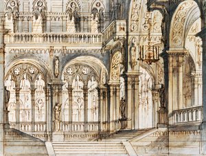 Decorontwerp voor derde scène van Capuleti en Montecchi, opera door Vincenzo Bellini, uitgevoerd in La Fenice Theater in Venetië door Vincenzo Bellini