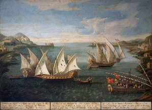 Zeeslag tussen Venetiaanse schepen van Marco Ivanovich Dobrota en Turkse schepen bij Patras op 17 april