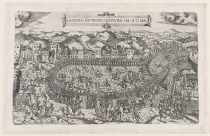 Speculum Romanae Magnificentiae: Carnavalswedstrijden gehouden op de Monte Testaccio in Rome, 1558 door Vincenzo Luchino
