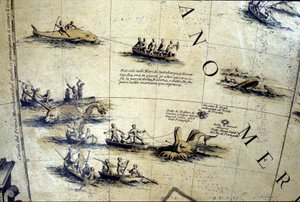 Walvisvangst in de Stille Oceaan. Detail van een 17e-eeuwse Coronelli globe. door Vincenzo Maria Coronelli