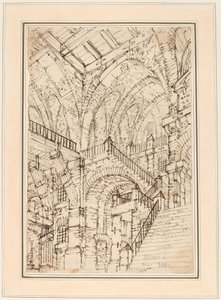Een gevangenisinterieur met een monumentale trap door Vincenzo Mazzi