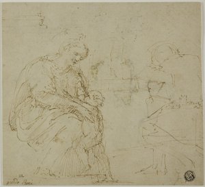 Schetsen van Maagd en Kind, zittende figuur en landschap door Vincenzo Tamagni
