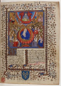 Frontispice van een manuscript van de Gouden Legende: De Maagd en het Kind, omringd door het Hemelse Hof, ontvangen de zegen van God de Vader.