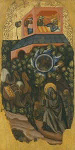 De Geschiedenis van Sint Antonius de Grote, Een bedelaar spoort de zieke koning van Palestina aan om voedsel naar St. Antonius te sturen (boven); aankomst van kamelen met voedsel (onder)