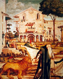 Detail van St. Hiëronymus die de Leeuw Temt, c.1501-09 (detail) door Vittore Carpaccio