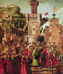 Detail van de ontmoeting van Etherius en Ursula en het vertrek van de pelgrims, uit de St. Ursula-cyclus, ca. 1490-96 (detail)