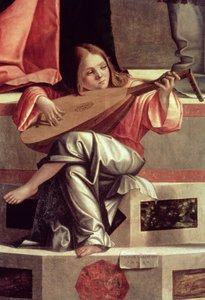 Minstreel engel die een luit speelt (detail)