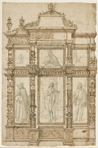 Studie voor een altaarstuk met zes afbeeldingen in een sierlijke lijststructuur. Boven: De stigmatisatie van St. Franciscus, Madonna en Kind, St. Hiëronymus in de wildernis; onder: St. Laurentius, Sebastiaan en Rochus door Vittore Carpaccio