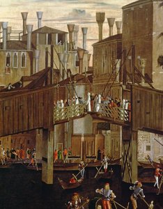 Het wonder van het relikwie van het Heilige Kruis, detail van de oude Rialtobrug